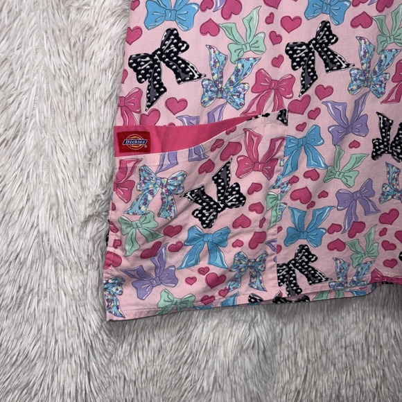 Dickies Scrub Top Women's Large Pink Bows Cotton Short Sleeve Nurse Medical - Picture 5 of 11